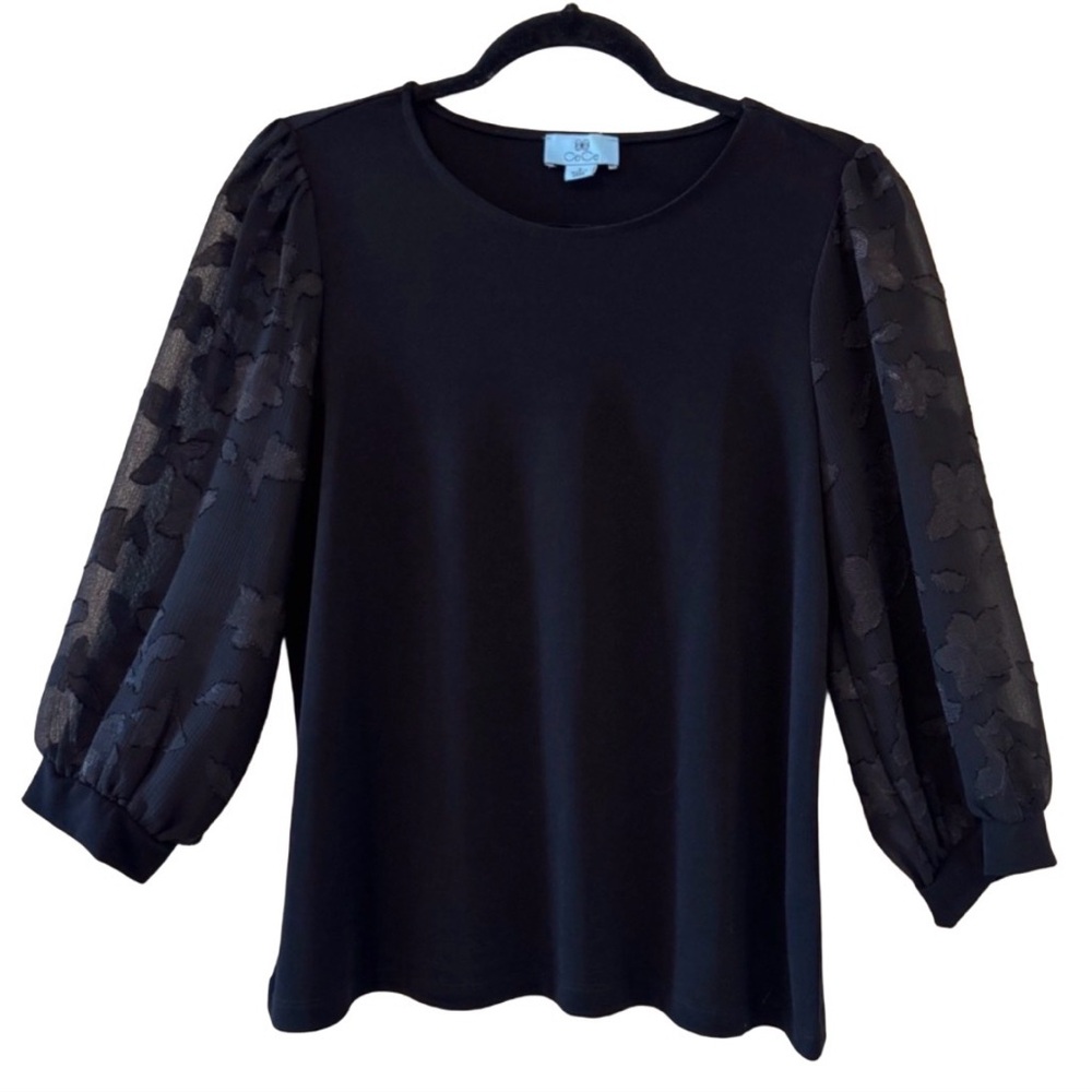 CeCe Black Puff-Sleeve Sheer Floral Blouse